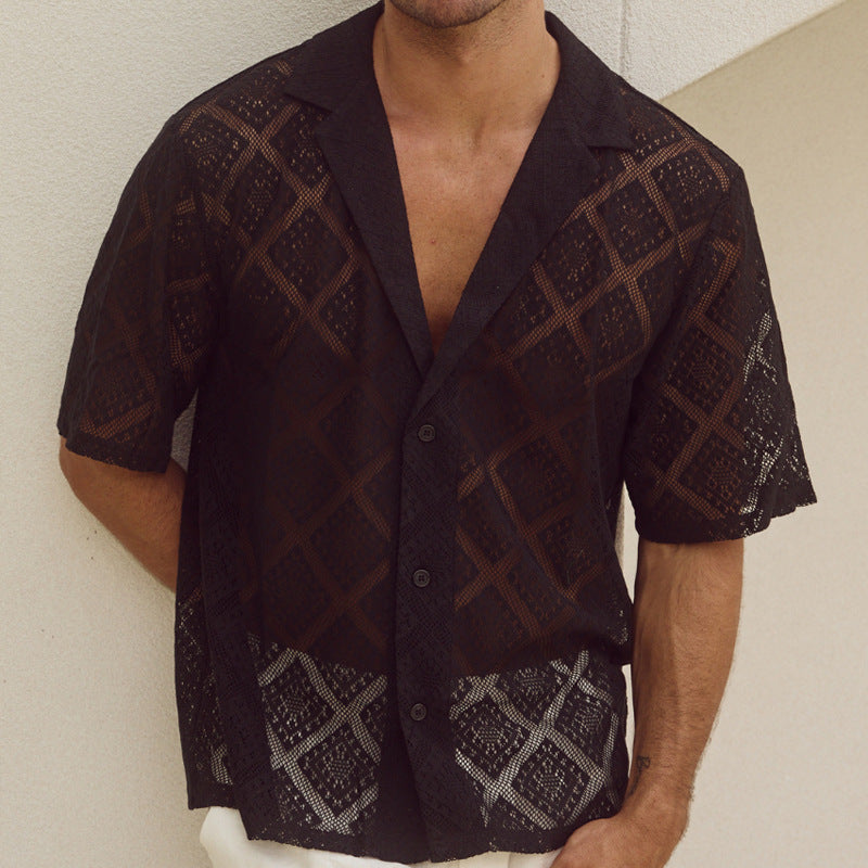 Men's Hollow-out Breathable Short-sleeved Lapel Shirt