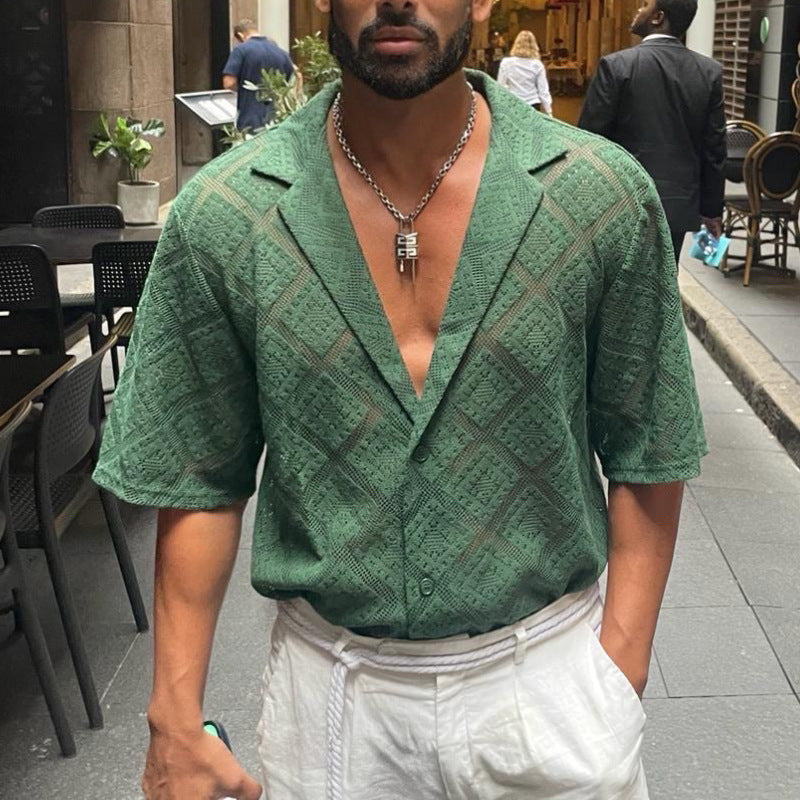 Men's Hollow-out Breathable Short-sleeved Lapel Shirt