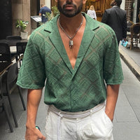 Men's Hollow-out Breathable Short-sleeved Lapel Shirt