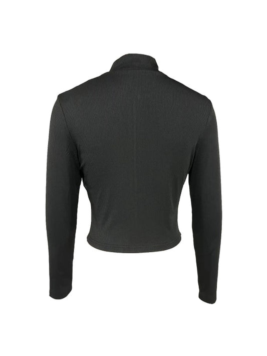 Women’s Black Ribbed Zip-Up Jacket – Fitted Long Sleeve Crop Top