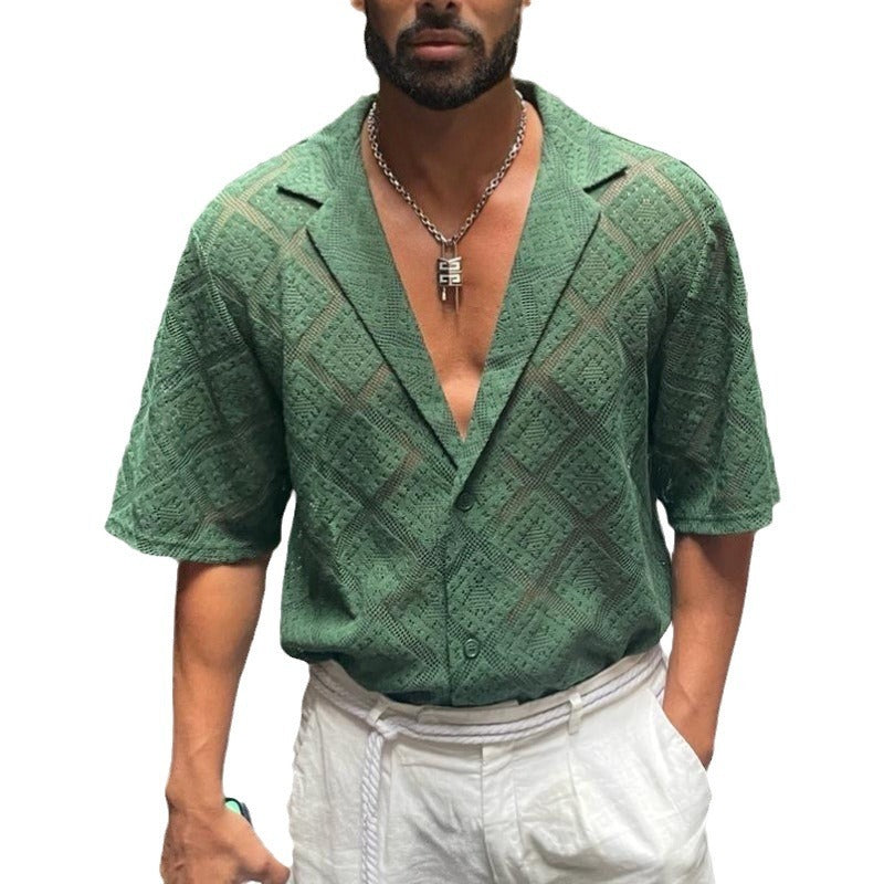 Men's Hollow-out Breathable Short-sleeved Lapel Shirt