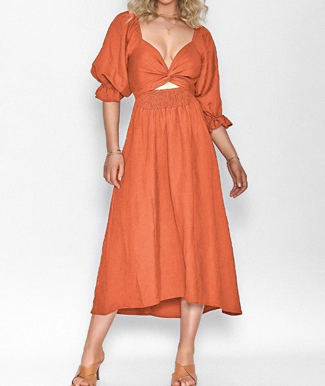 Women's V-neck Half Sleeves Front And Back Wearable Dress