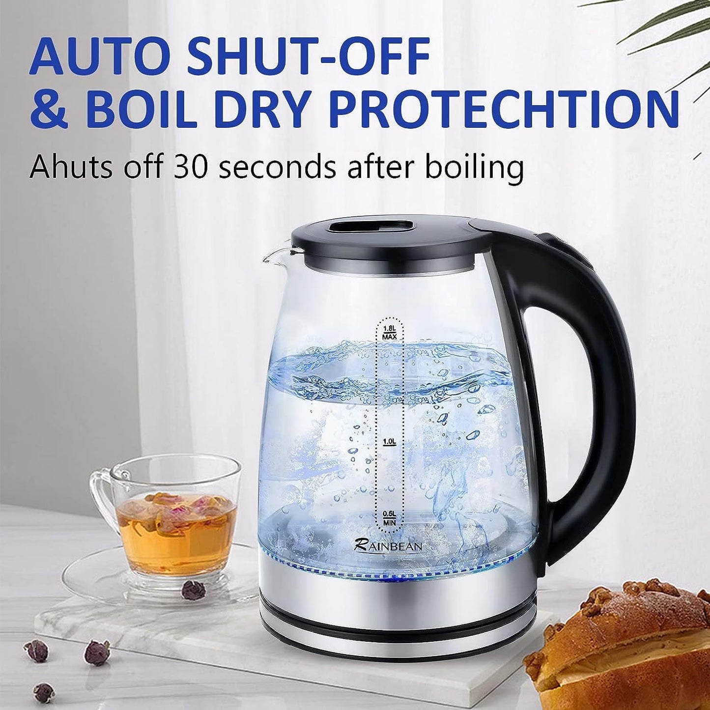 Hot Water Boiler With LED Light, Auto Shut-Off & Boil Dry Protection, Glass Black