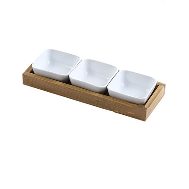 Japanese Style Ceramic Fruits Plates with Bamboo Serving Tray