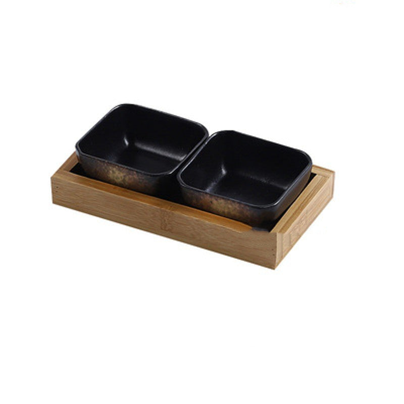 Japanese Style Ceramic Fruits Plates with Bamboo Serving Tray