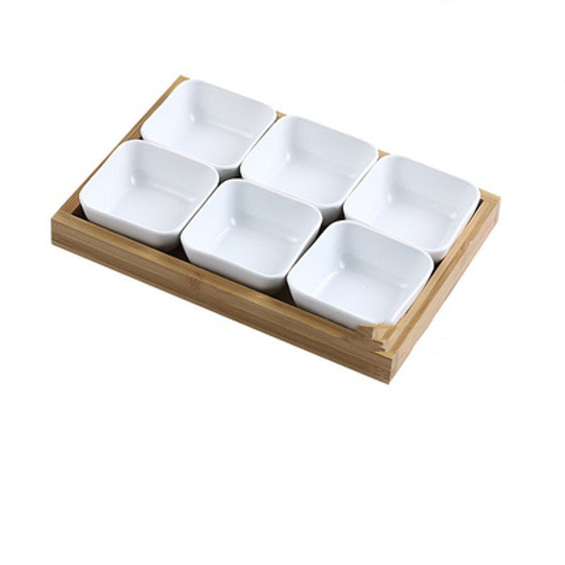 Japanese Style Ceramic Fruits Plates with Bamboo Serving Tray