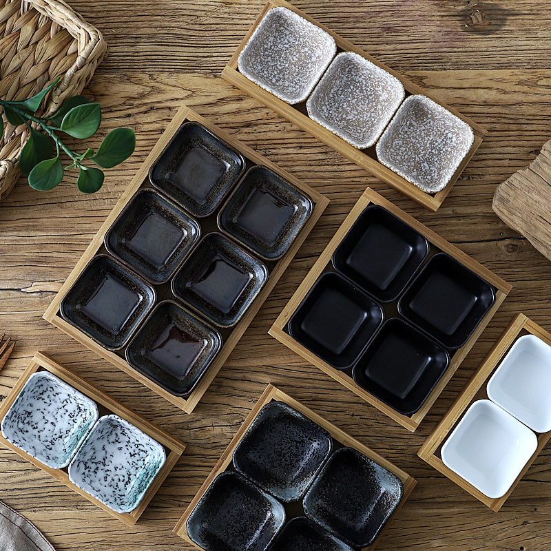 Japanese Style Ceramic Fruits Plates with Bamboo Serving Tray