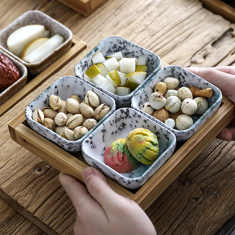 Japanese Style Ceramic Fruits Plates with Bamboo Serving Tray