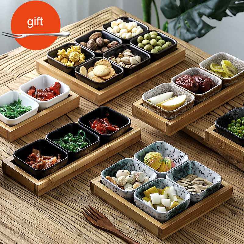 Japanese Style Ceramic Fruits Plates with Bamboo Serving Tray