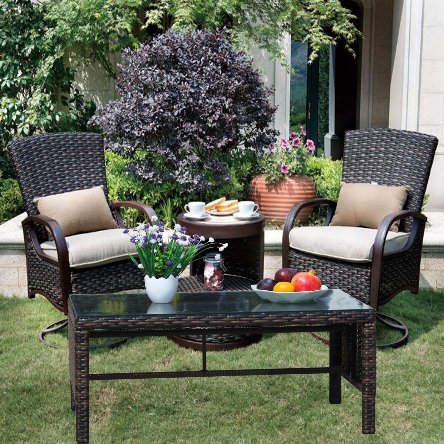 Outdoor Patio Coffee Table with Clear Tempered Glass