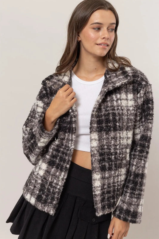 Plaid Collared Neck Boucle Jacket With Pockets