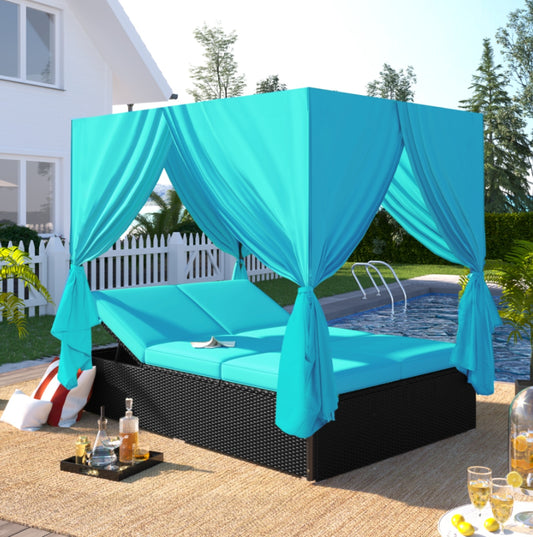 Outdoor Patio Wicker Sunbed Daybed With Cushions
