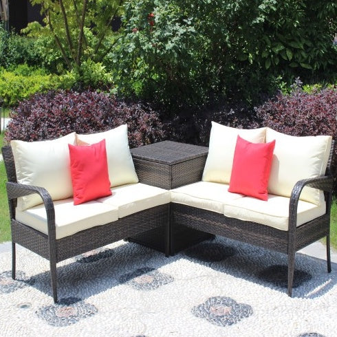 3pc Wicker Rattan Outdoor Furniture Sofa Set with Storage Box Brown