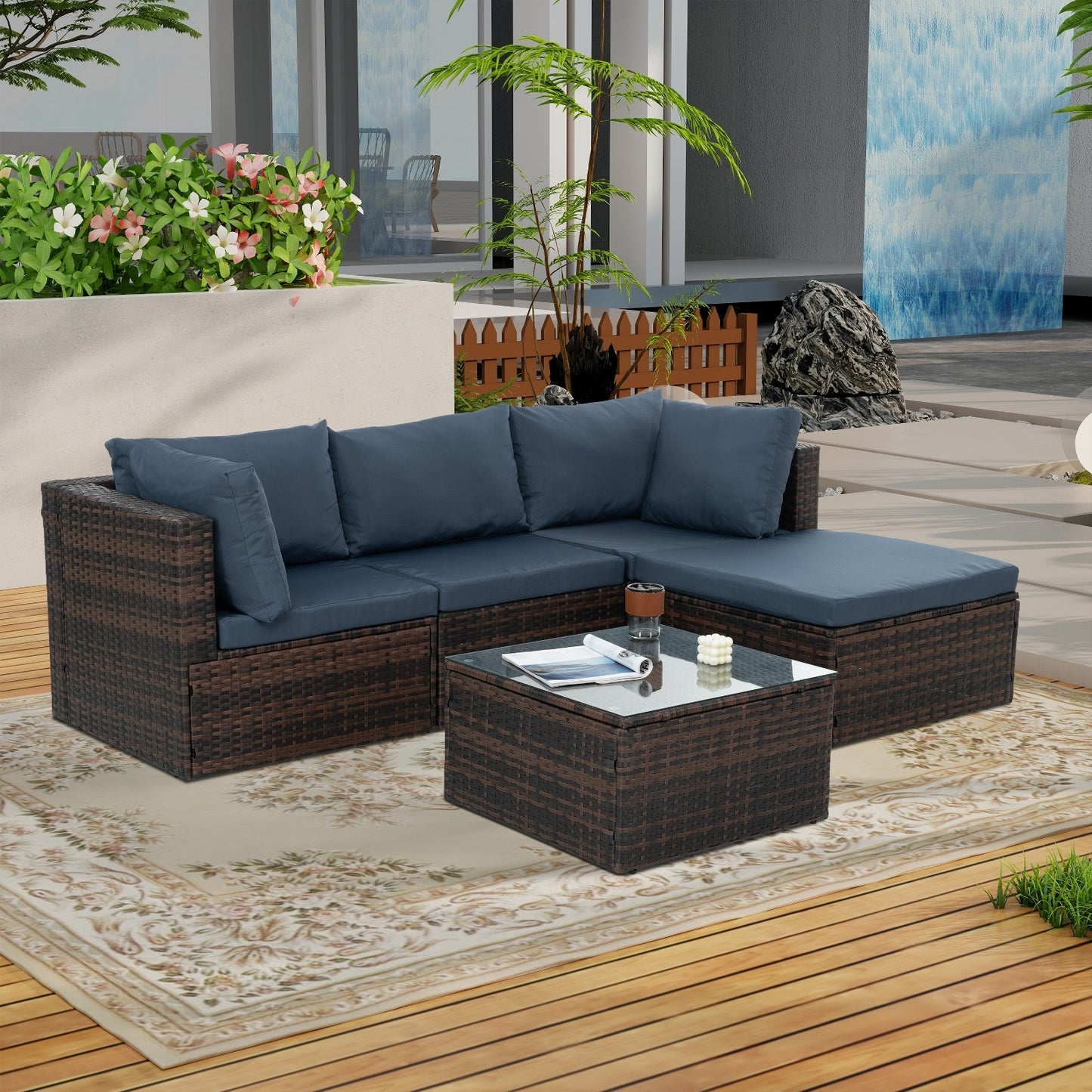 5 Set Wicker Furniture with Tempered Glass Coffee Table