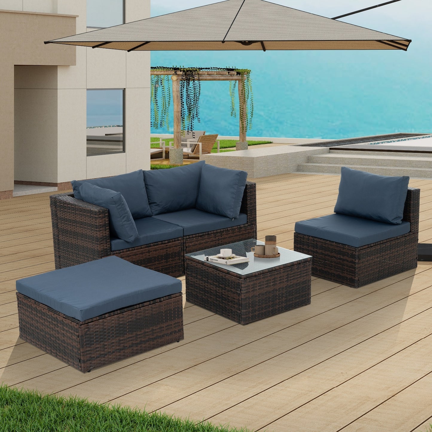 5 Set Wicker Furniture with Tempered Glass Coffee Table