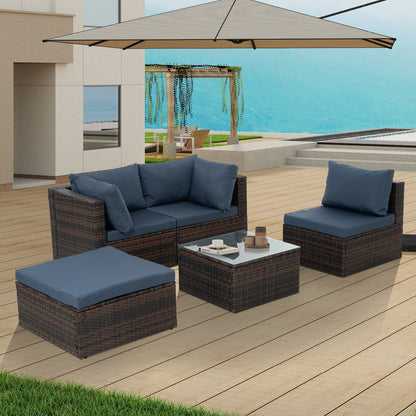 5 Set Wicker Furniture with Tempered Glass Coffee Table