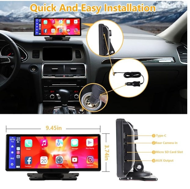 Portable Wireless Carplay With 2.5K Camera, 1080P Back Cam 9.3inches Ultra HD and GPS