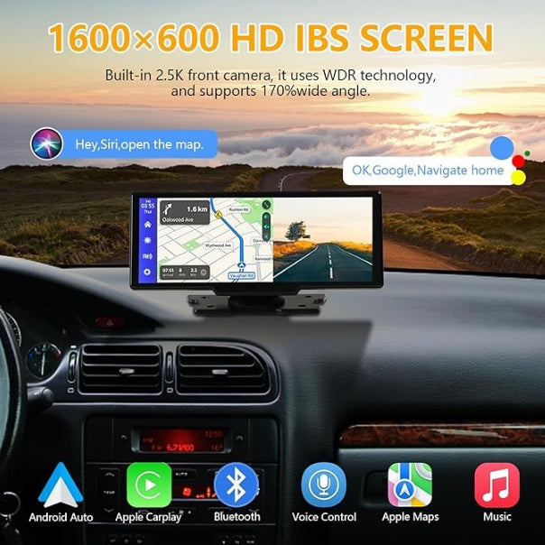 Portable Wireless Carplay With 2.5K Camera, 1080P Back Cam 9.3inches Ultra HD and GPS