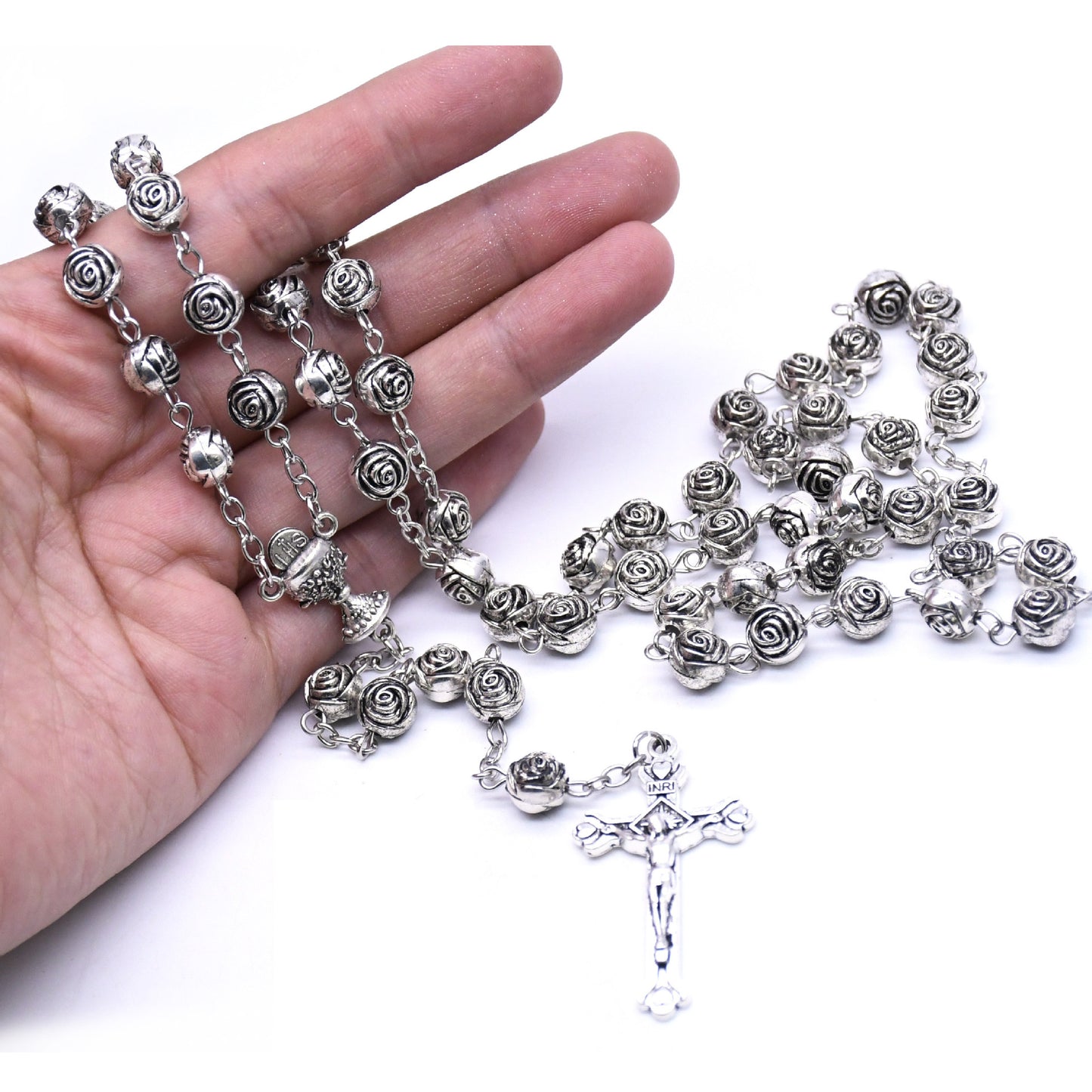 Rose Rosary Cross Necklace