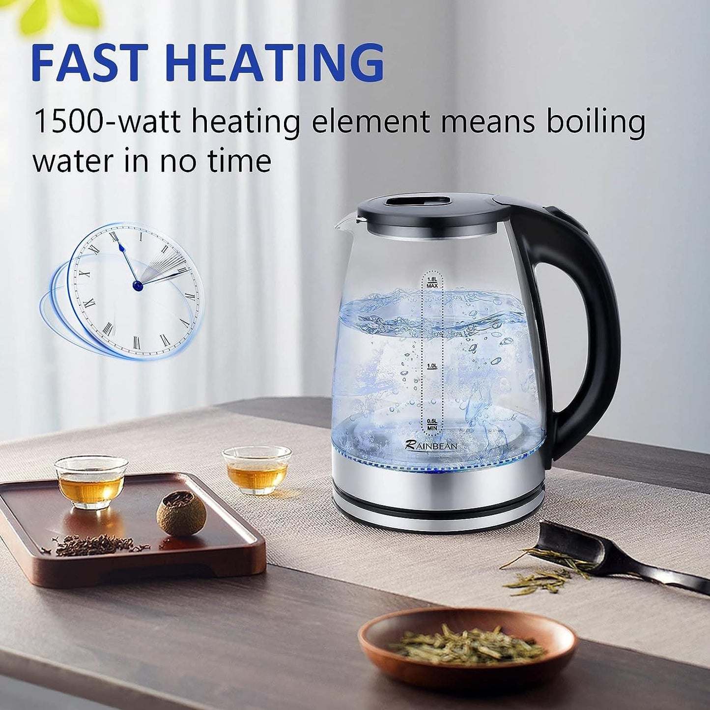 Hot Water Boiler With LED Light, Auto Shut-Off & Boil Dry Protection, Glass Black