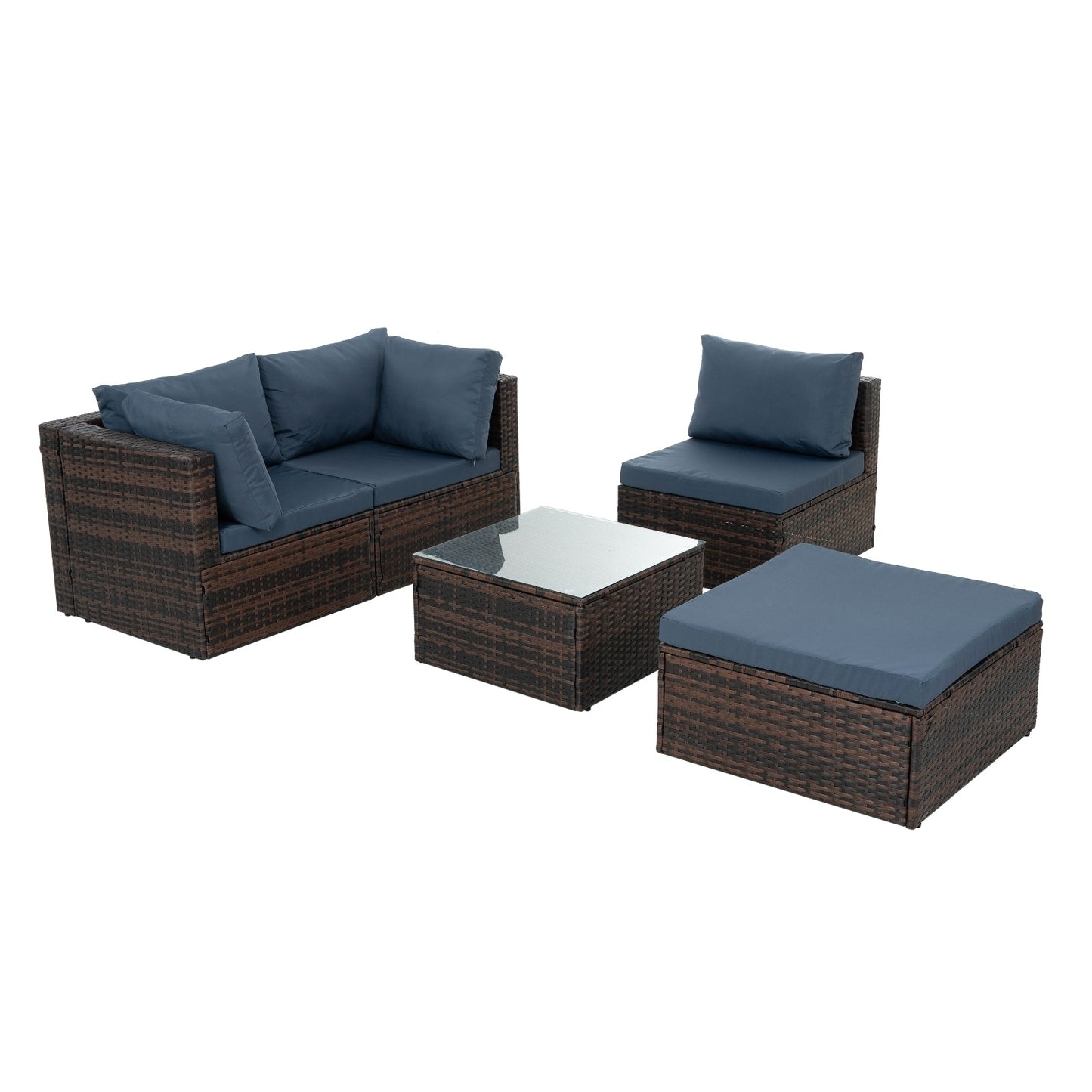 5 Set Wicker Furniture with Tempered Glass Coffee Table