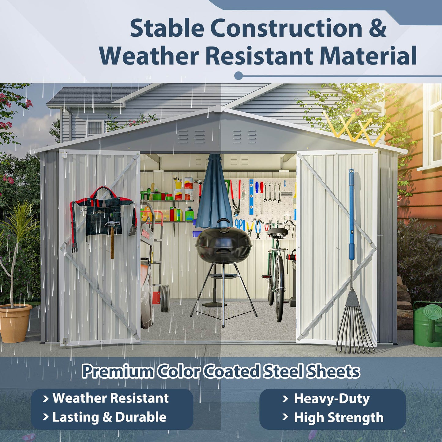 Outdoor Storage Shed, All Weather Metal Sheds with Lockable Doors