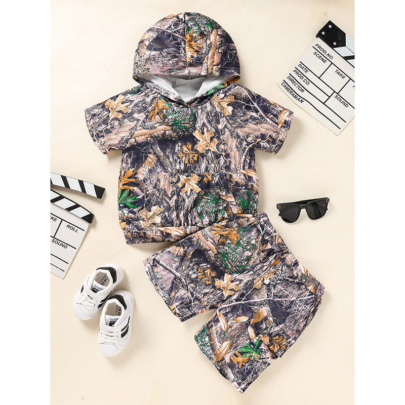 Little Boys Short Sleeve Camouflage Print Hoodie Sweatshirt Shirts & Short Pants With Pocket