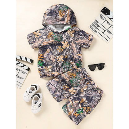 Little Boys Short Sleeve Camouflage Print Hoodie Sweatshirt Shirts & Short Pants With Pocket