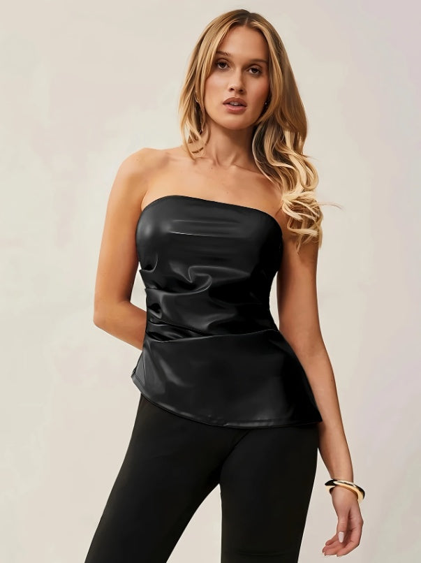 Leather Bandeau Strap Pleated Top