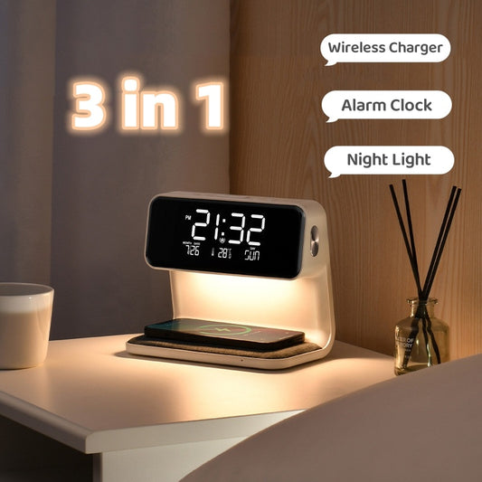 3 In 1 Bedside Lamp With Alarm Clock And Wireless Charging