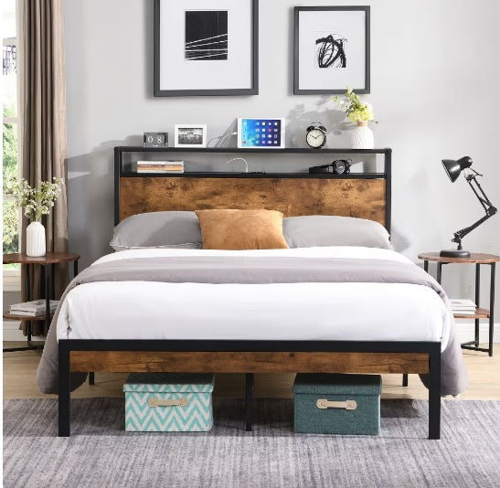 Queen Size Metal Platform Bed Frame With Wooden Headboard And Footboard