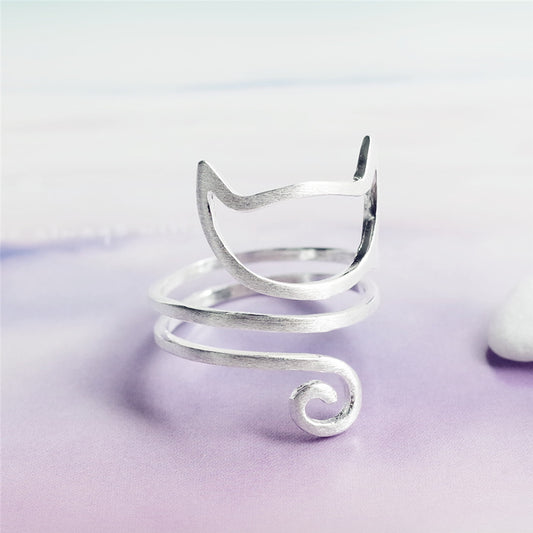 Silver Winding Brushed Cute Cat Ring