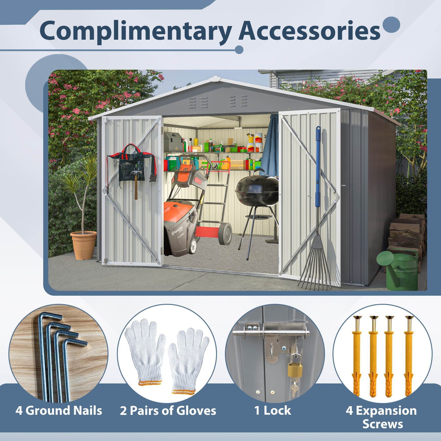 Outdoor Storage Shed, All Weather Metal Sheds with Lockable Doors