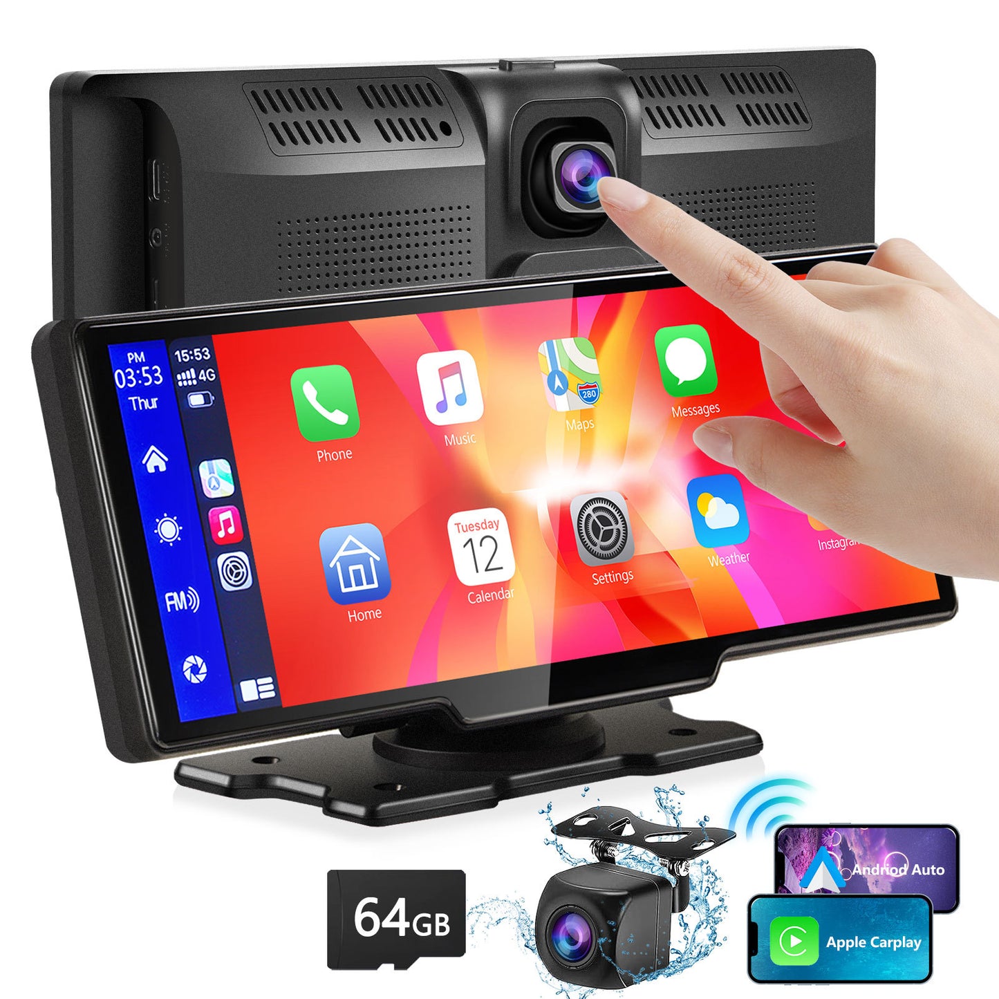 Portable Wireless Carplay With 2.5K Camera, 1080P Back Cam 9.3inches Ultra HD and GPS