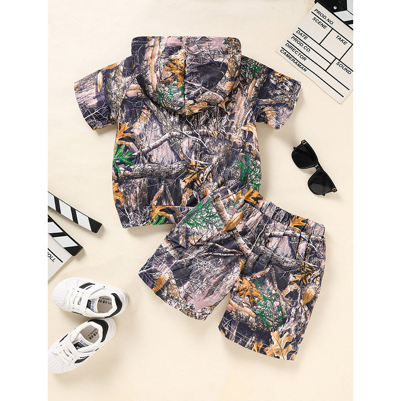 Little Boys Short Sleeve Camouflage Print Hoodie Sweatshirt Shirts & Short Pants With Pocket