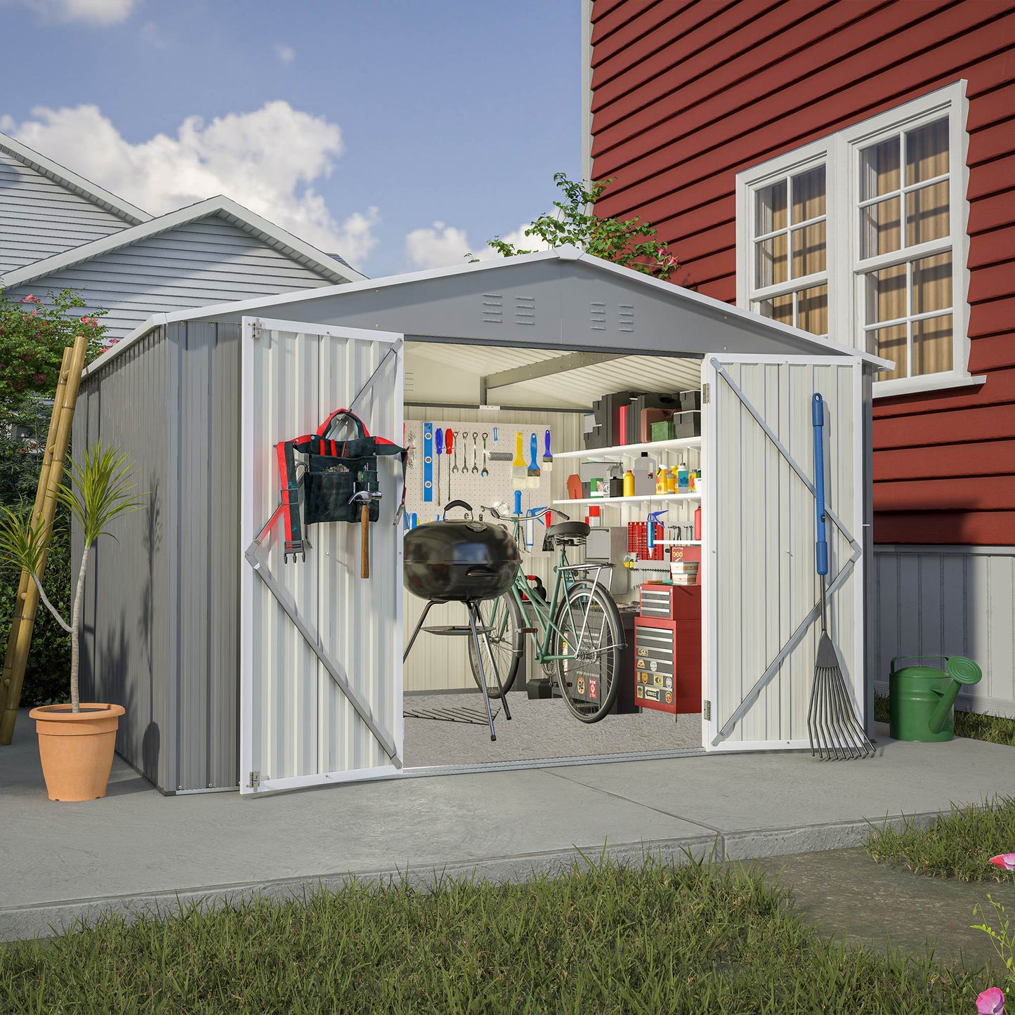 Outdoor Storage Shed, All Weather Metal Sheds with Lockable Doors