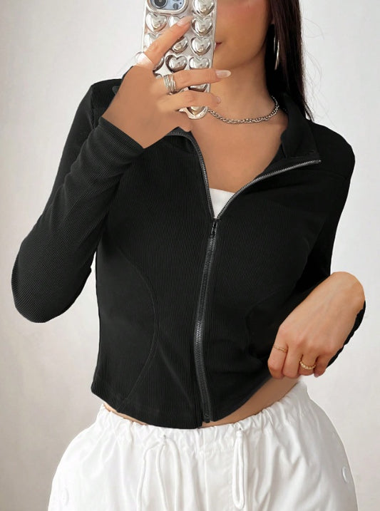 Women’s Black Ribbed Zip-Up Jacket – Fitted Long Sleeve Crop Top