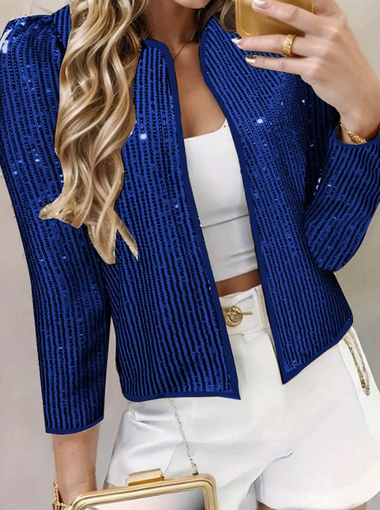 Women’s Blue Sequin Open Front Blazer – Sparkly Party Jacket for Evenings & Events