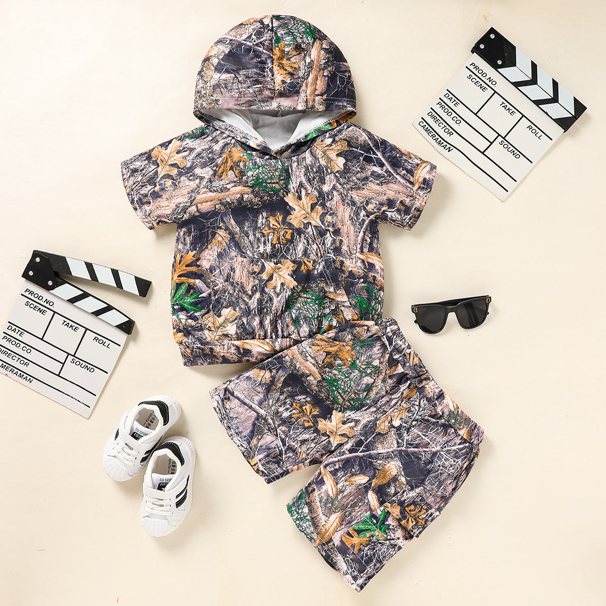 Little Boys Short Sleeve Camouflage Print Hoodie Sweatshirt Shirts & Short Pants With Pocket