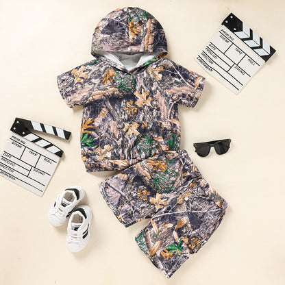 Little Boys Short Sleeve Camouflage Print Hoodie Sweatshirt Shirts & Short Pants With Pocket