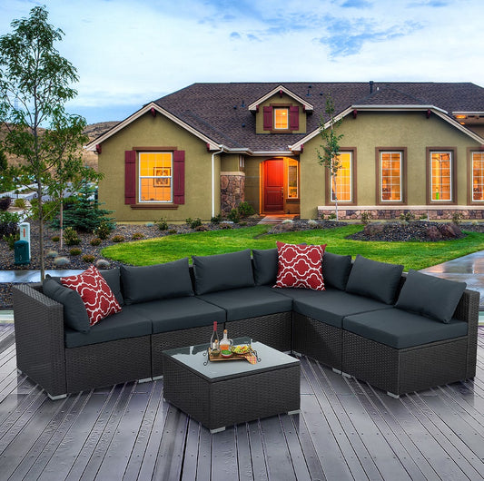 7pc Wicker Furniture Set with Tempered Glass Coffee Table